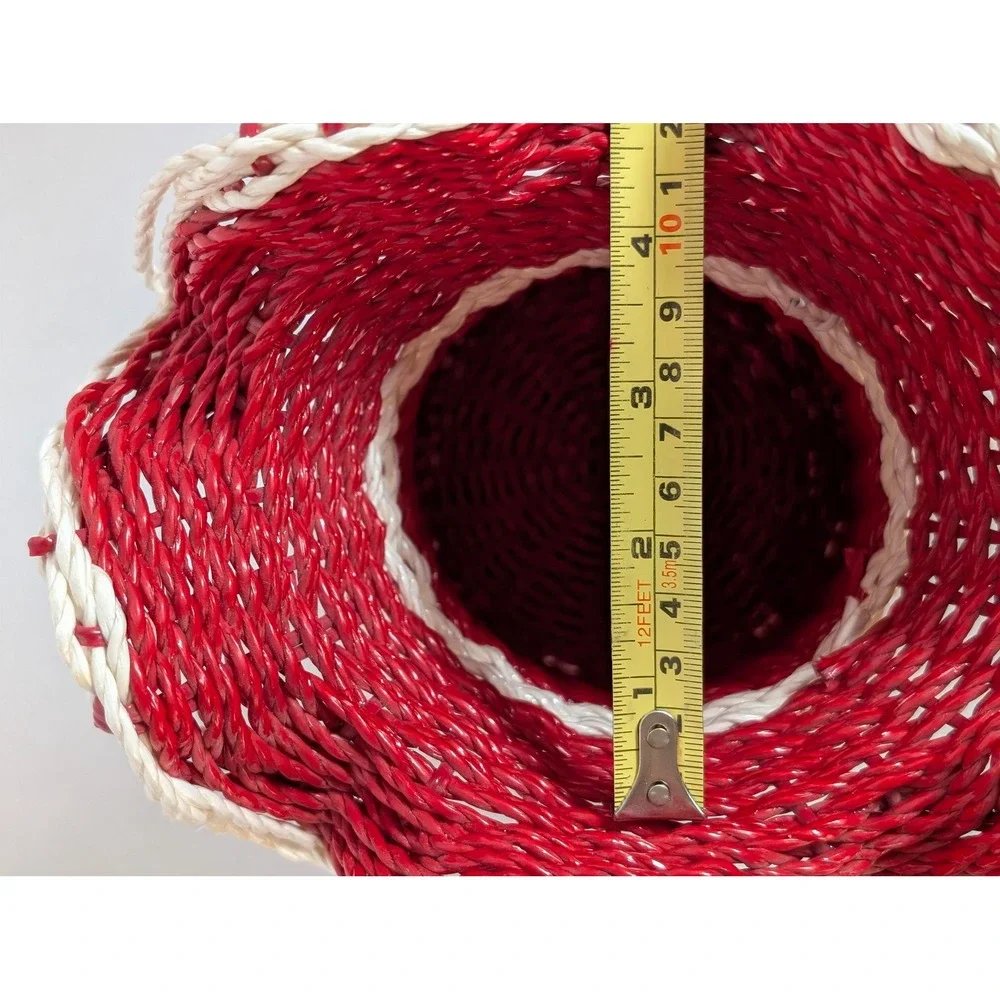 Vintage Red Wicker Basket Flower Vase Holder White Ruffled Top Bow Made in Korea
